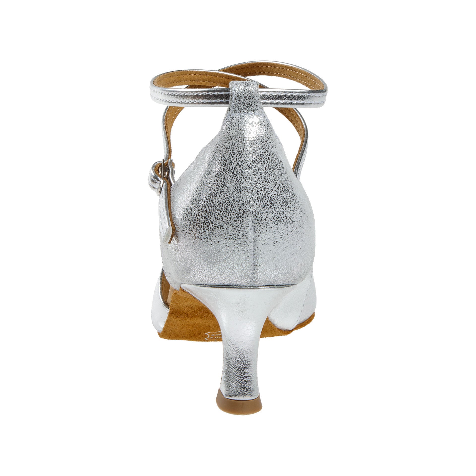 Rückansicht von Diamants 141 Tanzschuhen in Silber mit Knöchelriemen und strukturiertem Silberdesign.